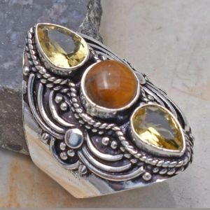 New Tiger Eye & Citrine 925 Silver Statement Ring.